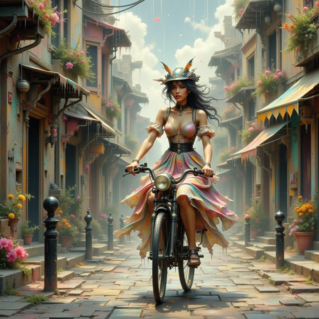 Woman on Bicycle in Beatrix Potter Style