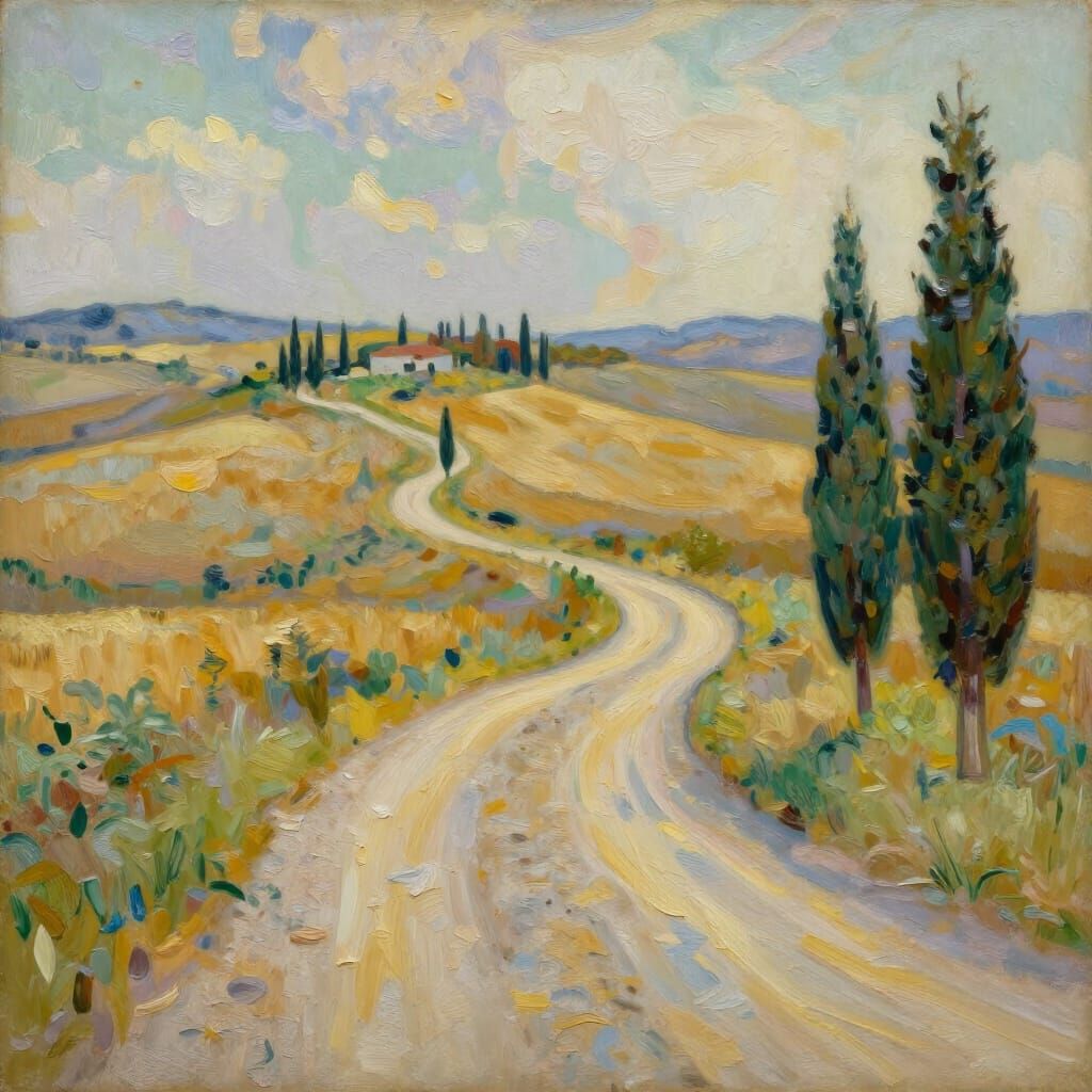 Tuscan Countryside Road Neo-Impressionist Oil Painting