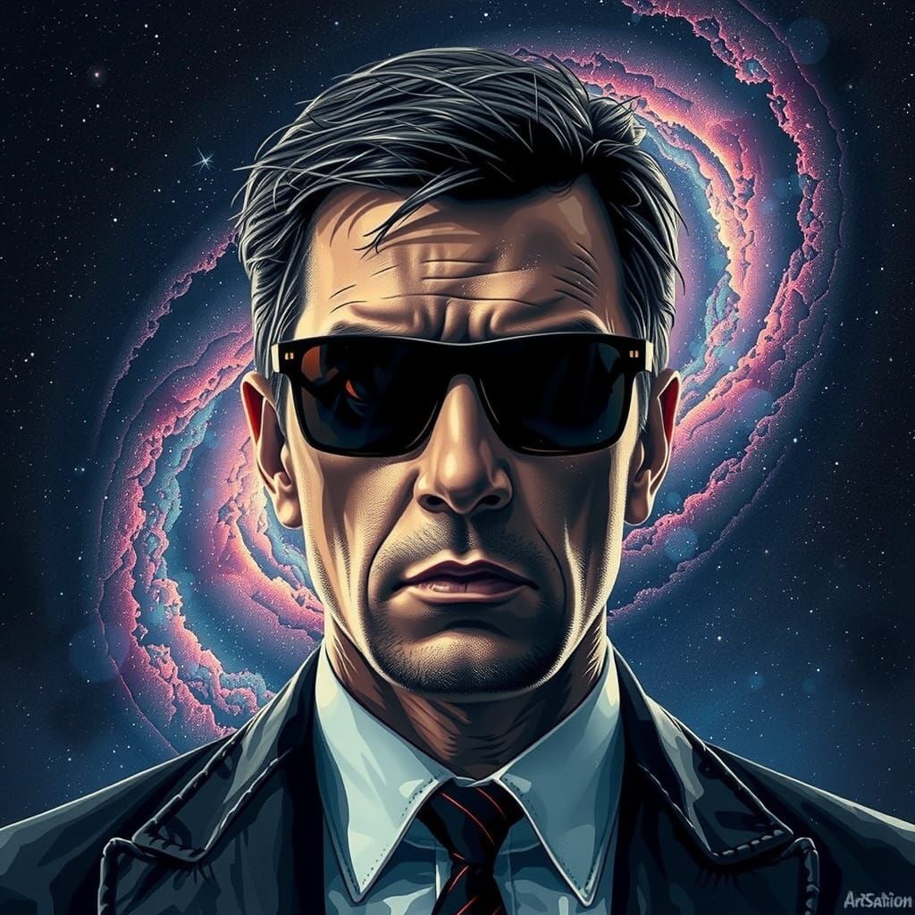 Men in Black Agent Over a Swirling Galaxy in Epic Graphic No...