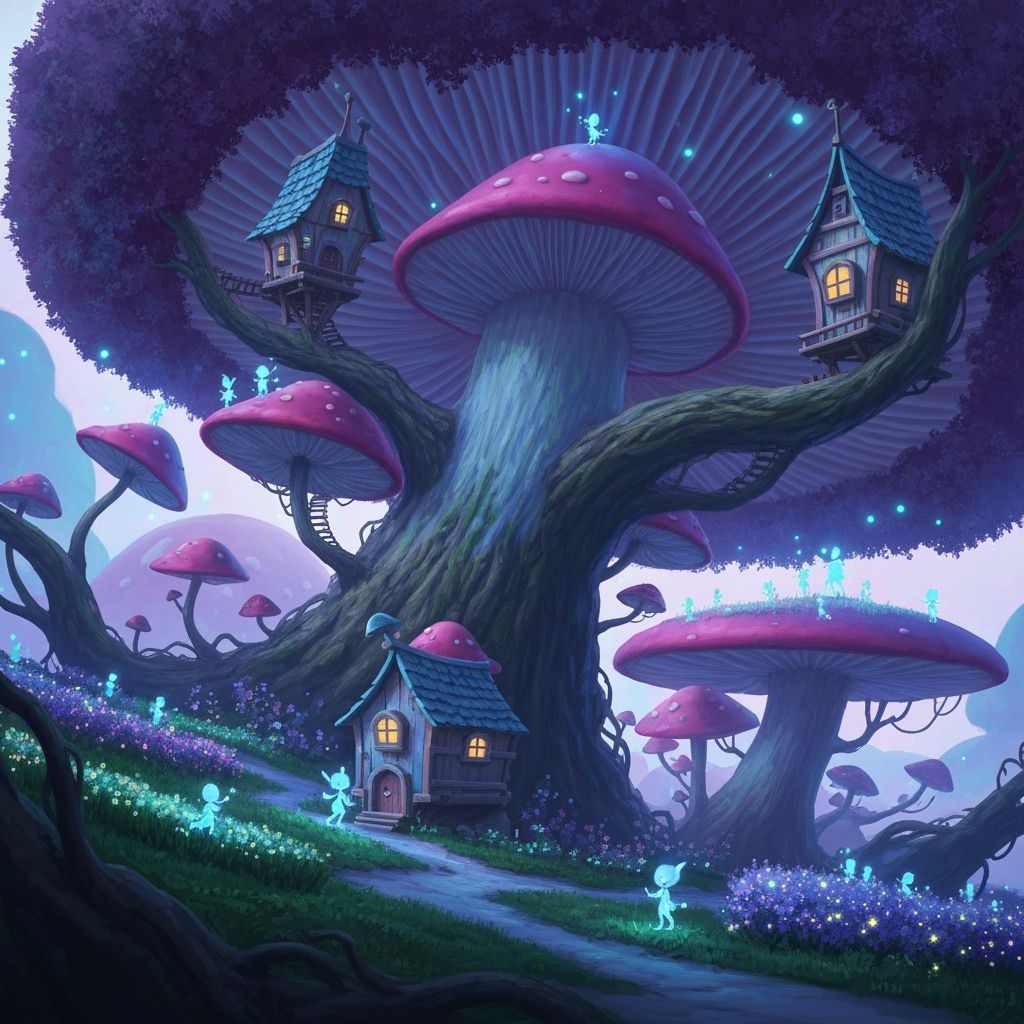 Magical Treehouse Village on Giant Bioluminescent Mushroom