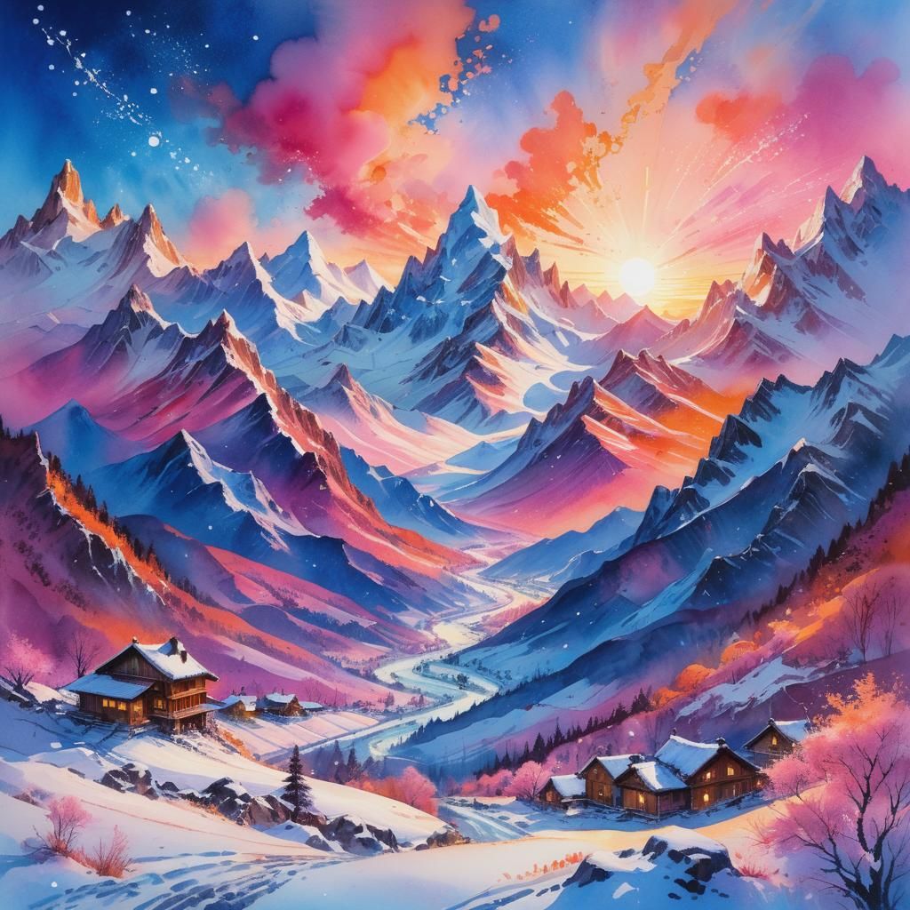 Pink Orange and Blue Sunset in Watercolor