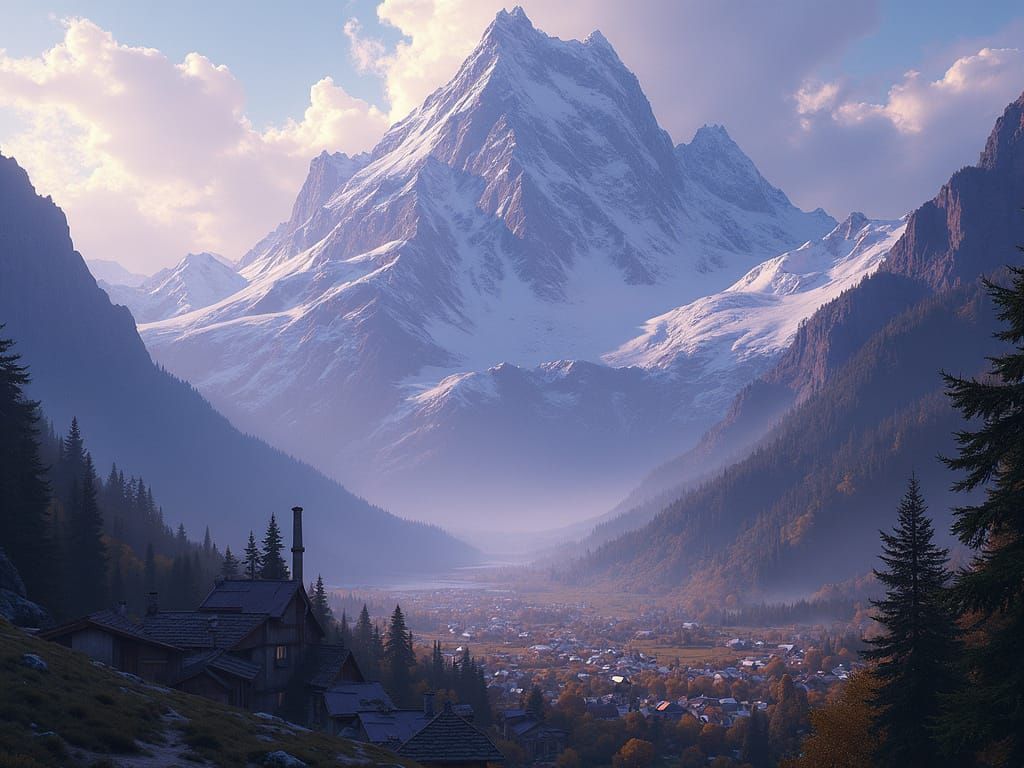 Epic Dark Fantasy Landscape with Snow-Capped Mountains and V...