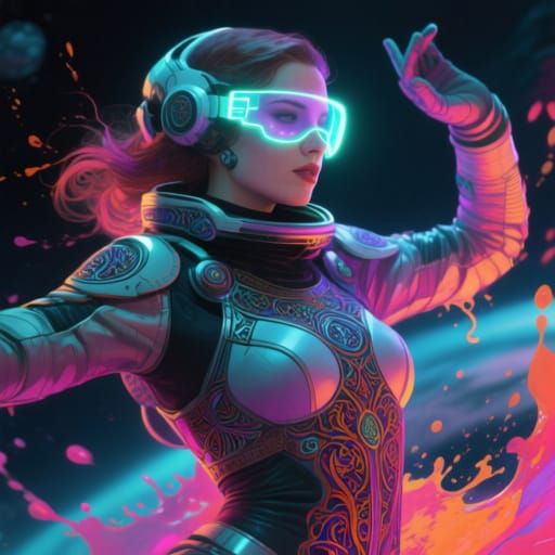 Female Space Explorer Dancing in Dynamic Lighting