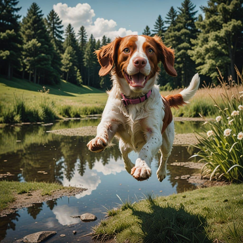 Joyful Brittany Spaniel Leaps in Serene Meadow
