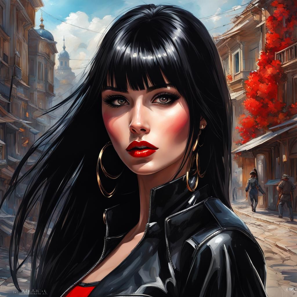 "portrait of beautiful  woman,, black straight long hair with bangs,