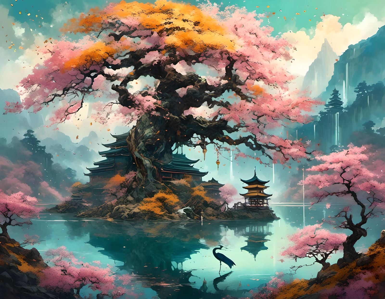 Sakura Tree in Serene Japanese Landscape, Misty Mountains an...
