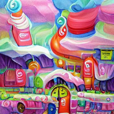 Vibrant Candyland Gas Station in Gouache Style