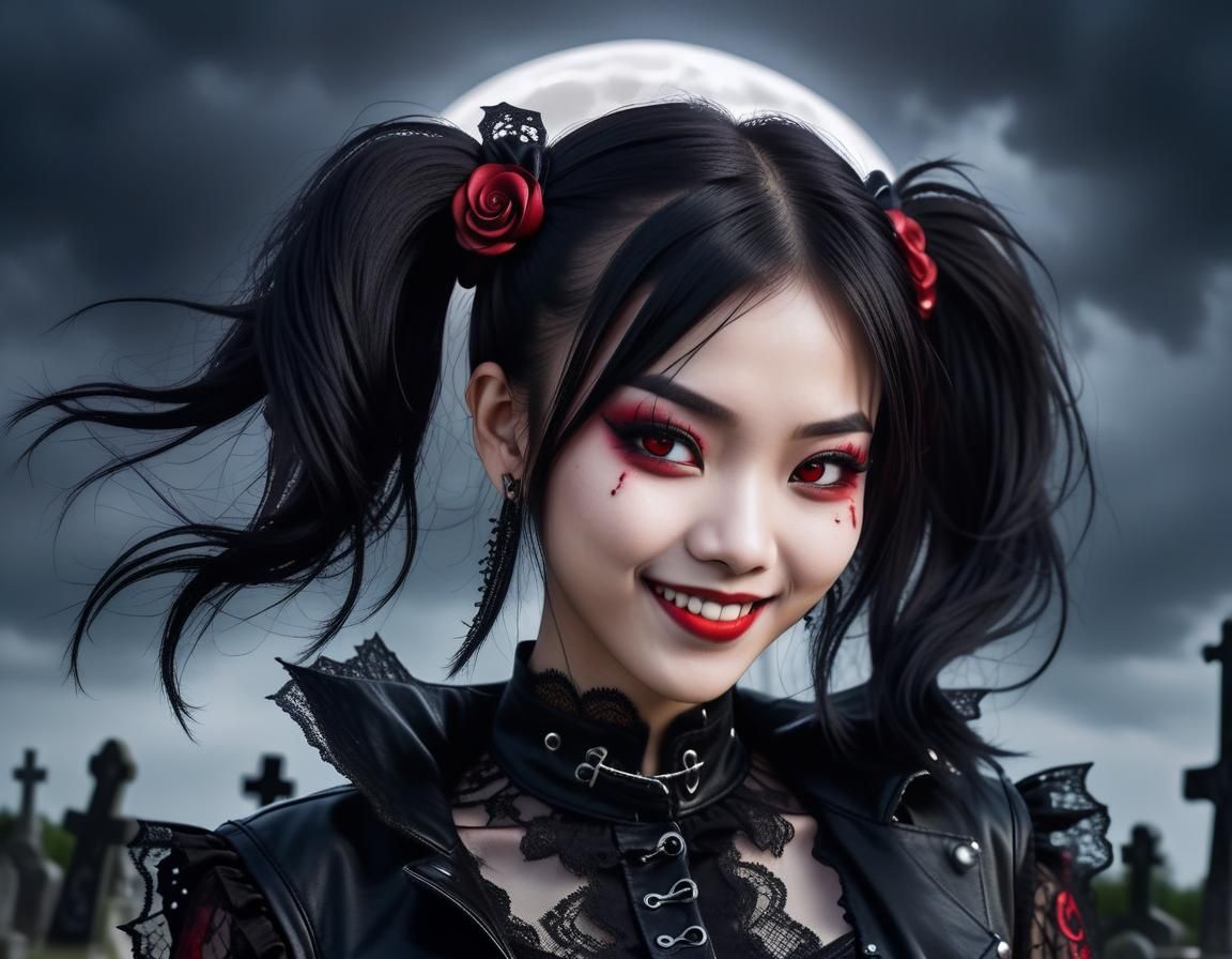Smiling Asian Vampire Teenager in Gothic Cemetery