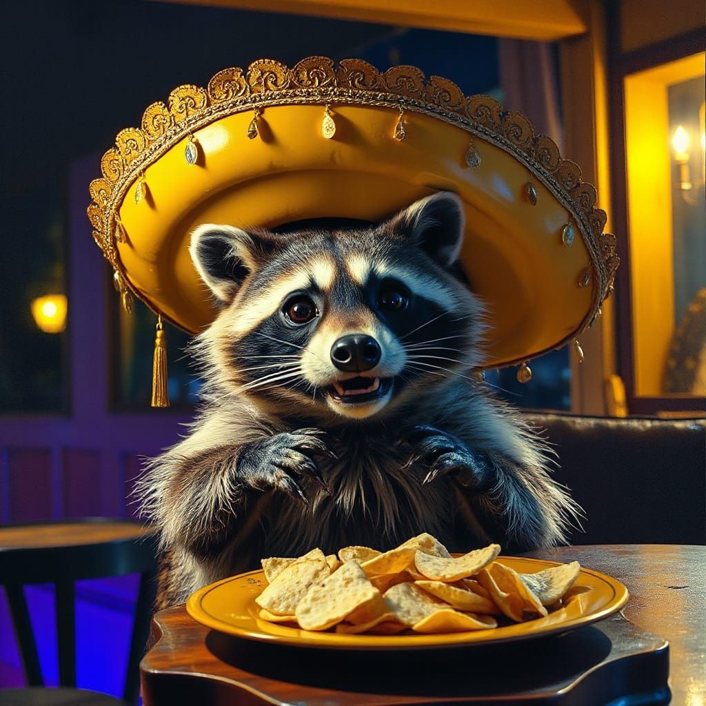 Startled Raccoon Stealing Chips in Acrylic Painting