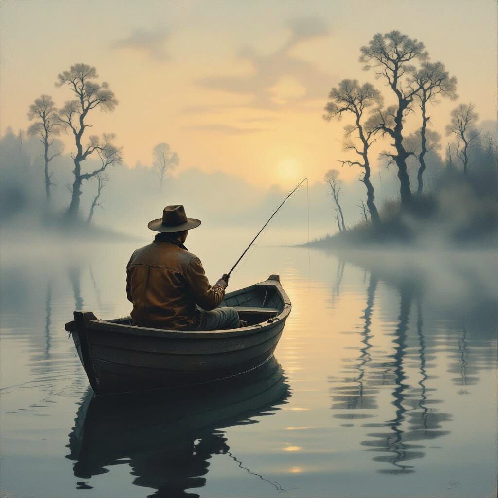 Ethereal Fisherman on Dreamlike Lake at Dawn