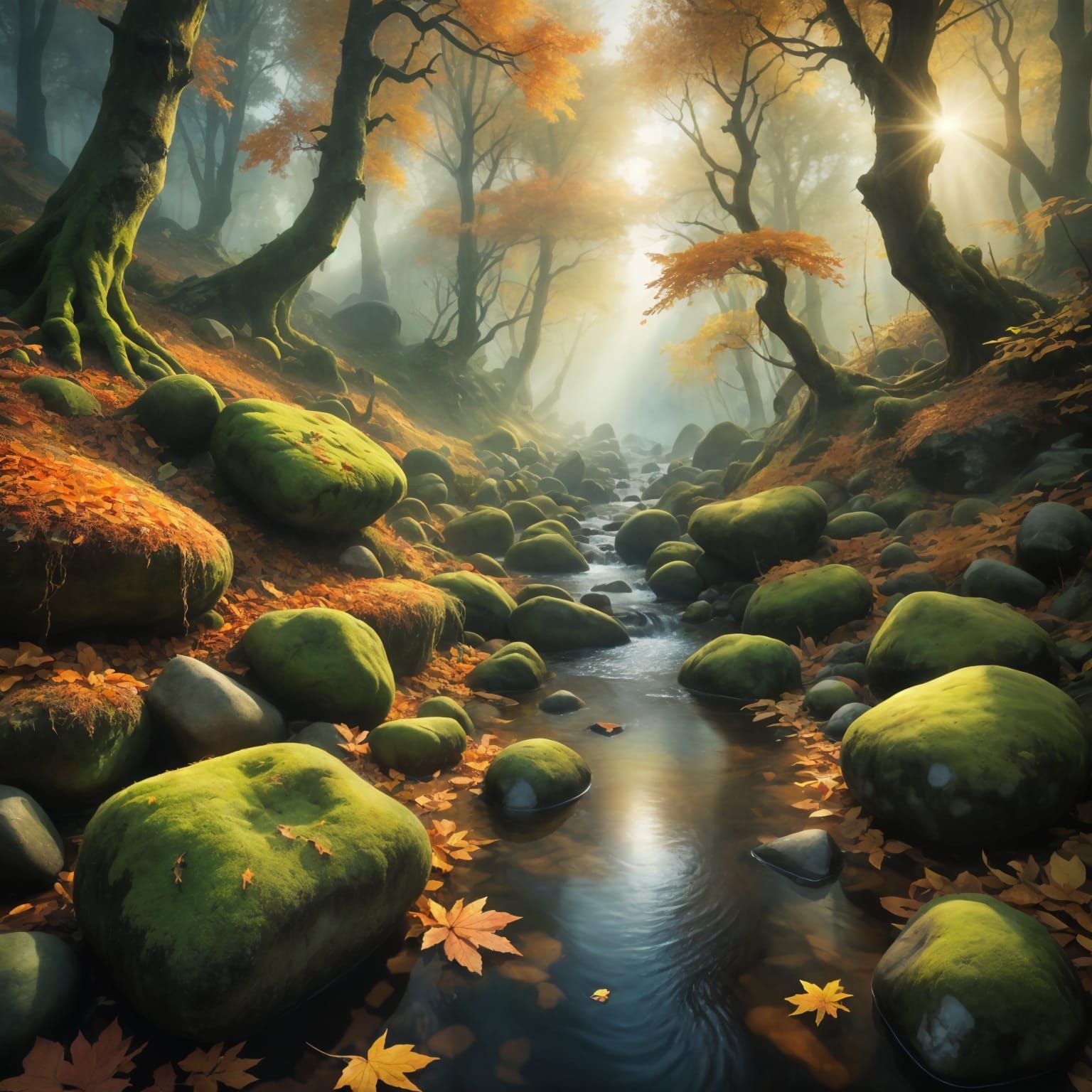 Autumn Forest Stream in Hyperrealistic HDR