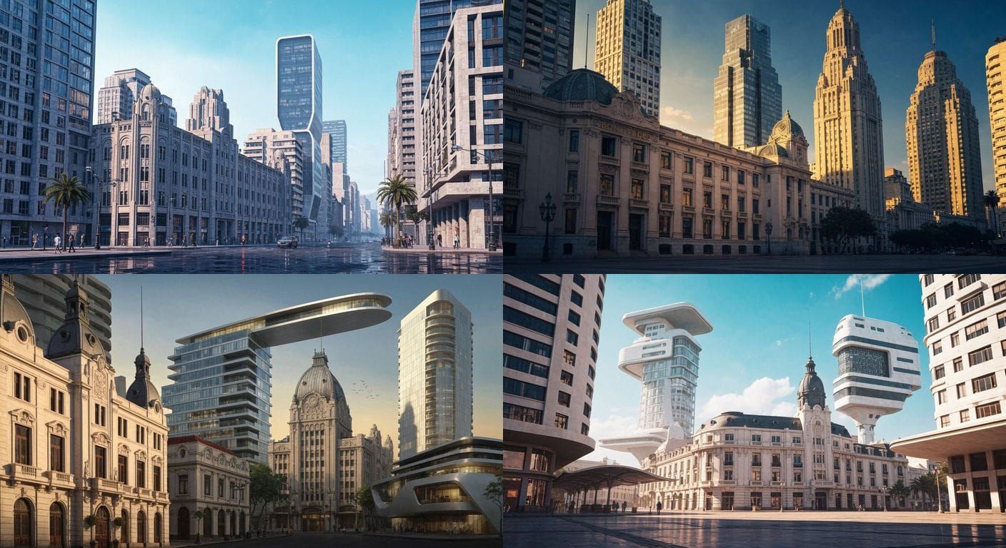 Belle Époque Art Deco Cityscape with Futuristic Buildings