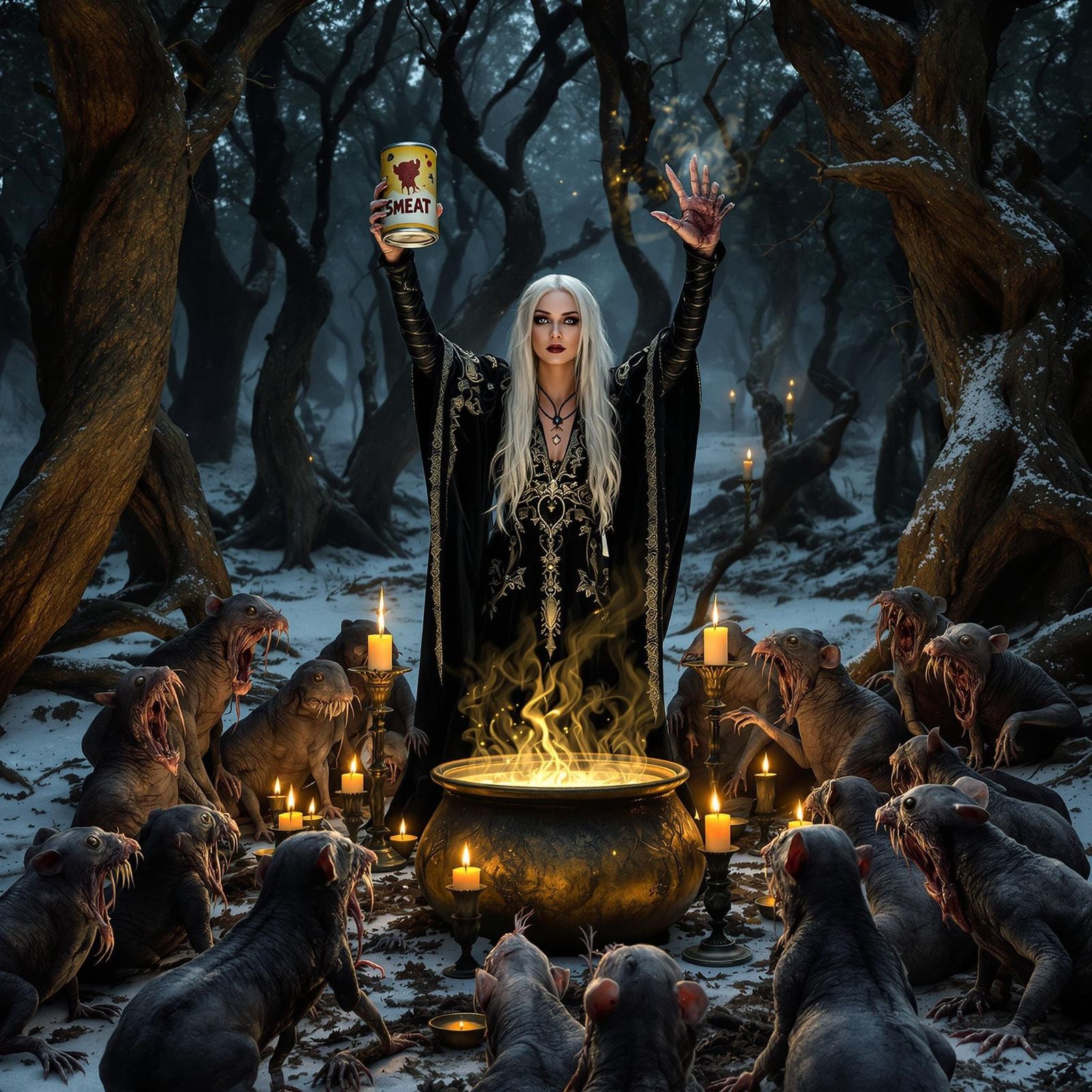 Medieval Sorceress in Dark Velvet Robes with Mole Rats