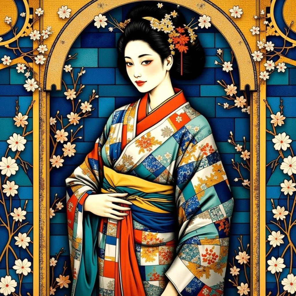Surreal Japanese Goddess in Stained Glass Style