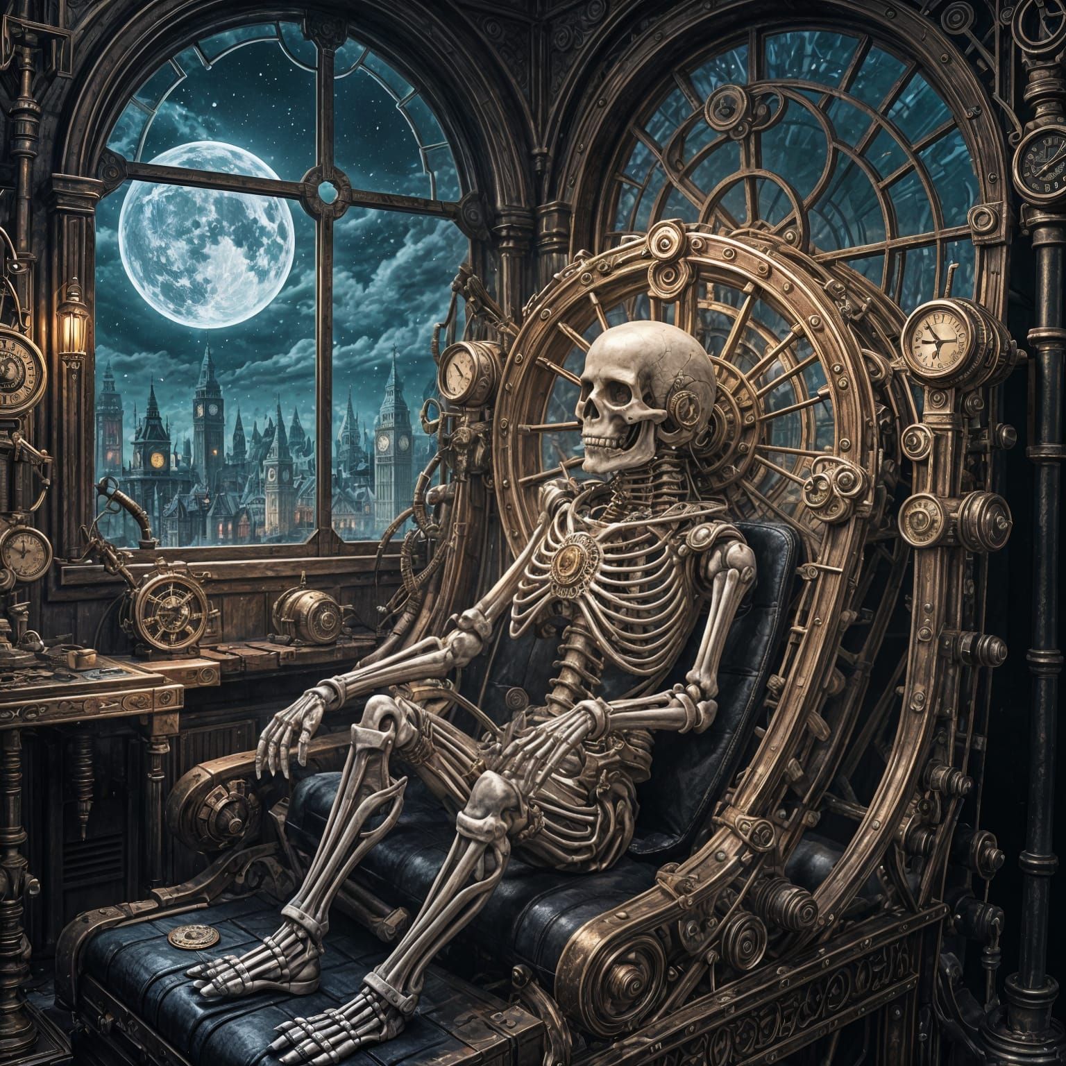 Steampunk Skeleton Time Traveler in Failed Experiment