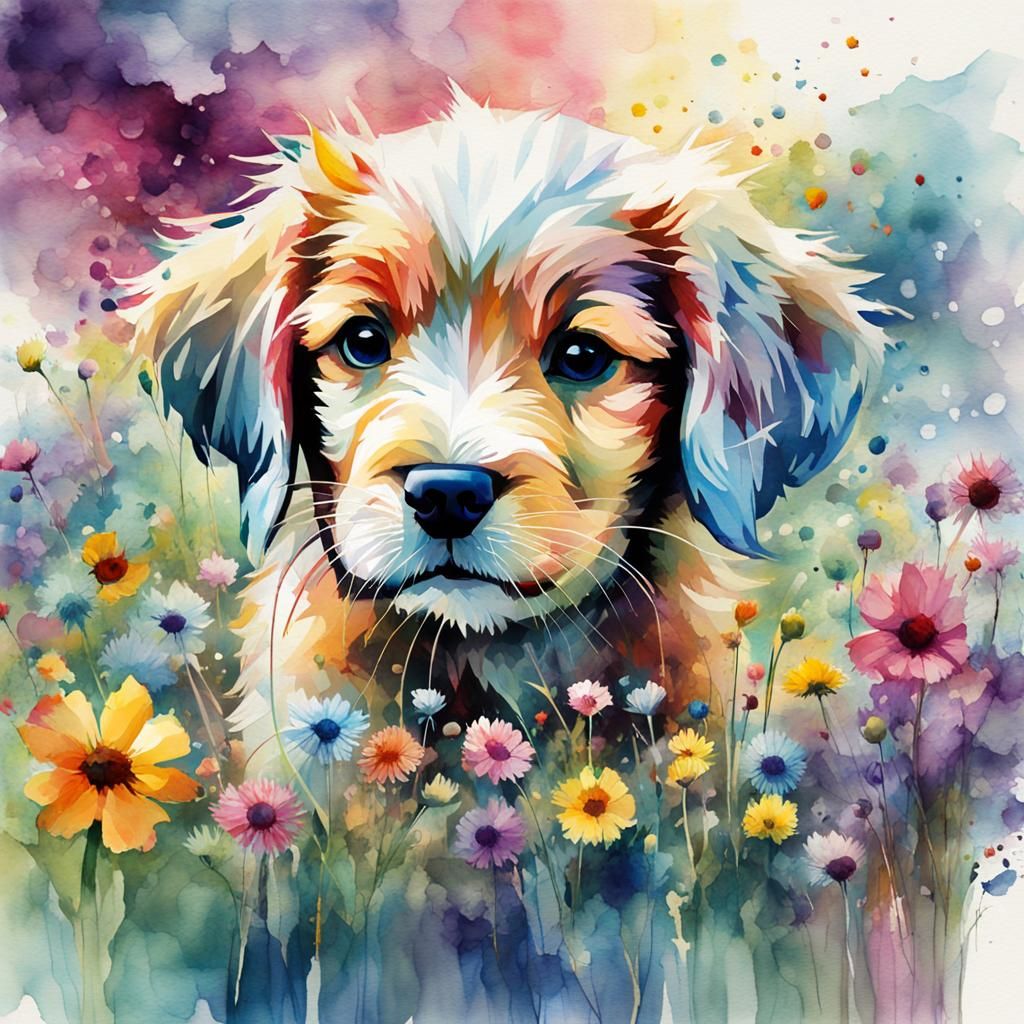 Fantasy Puppy in Flower Meadow Watercolor Illustration
