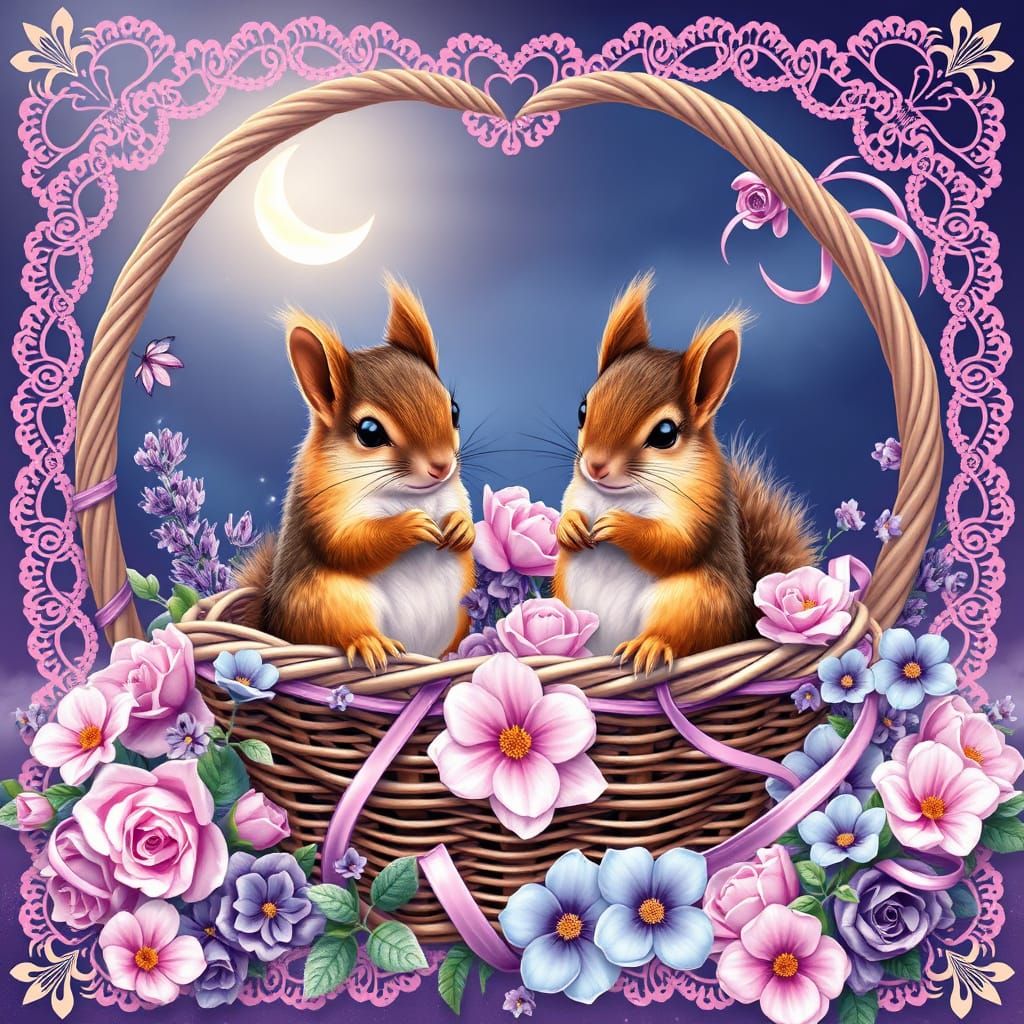 Whimsical Squirrel Enchantment in Rose-Hued Wicker