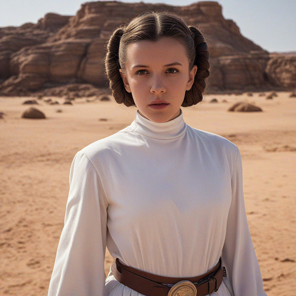 Millie Bobby Brown as Princess Leia in Tatooine's Moist Farm