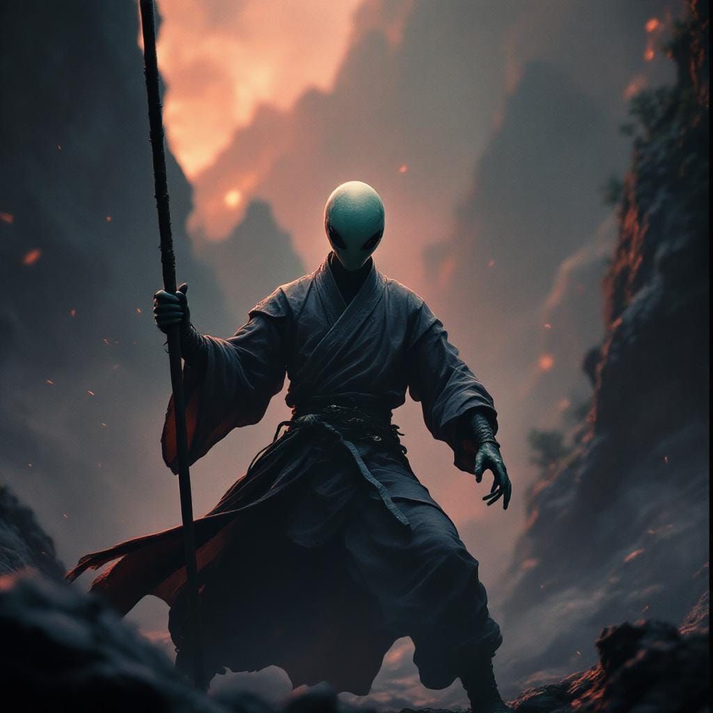 Alien Shaolin Warrior with Bo Staff in Cinematic Style