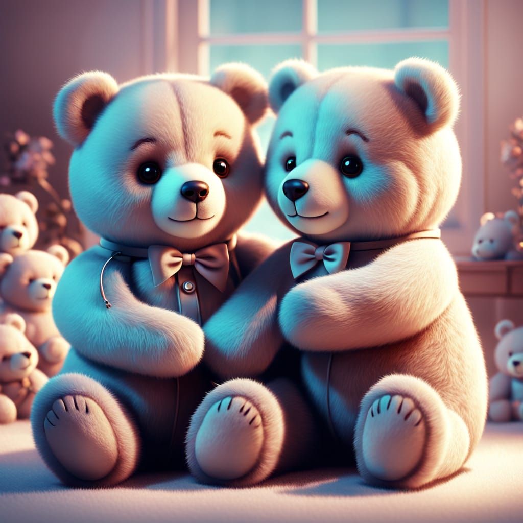 Two Adorable Teddy Bears in Love, Whimsical Fantasy Illustra...