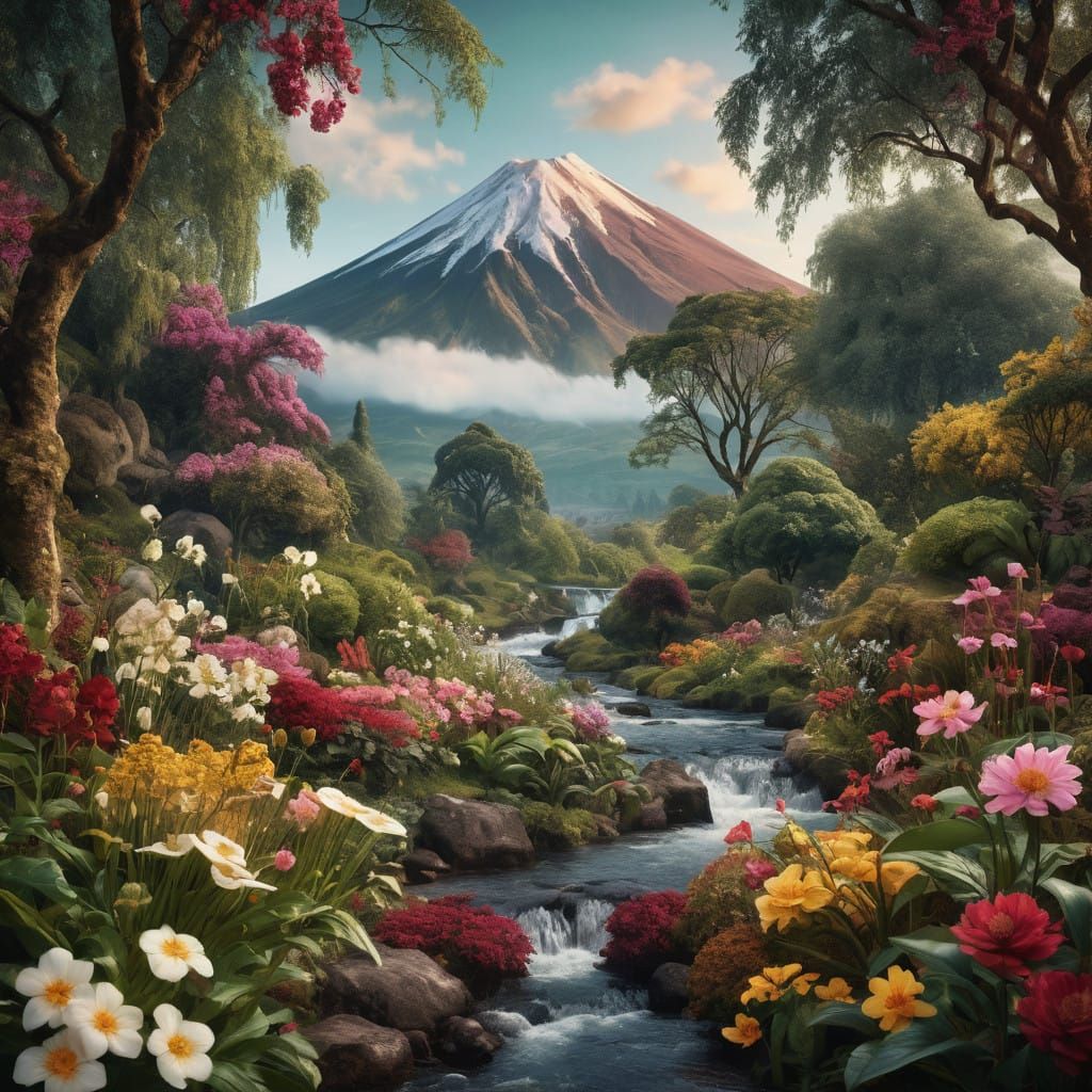 Hyperrealistic Floral Wonderland with Volcanic Backdrop