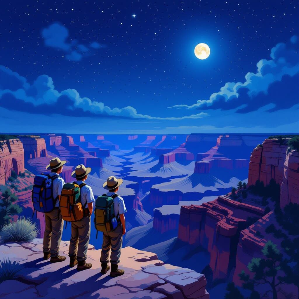 Boy Scouts Explore Grand Canyon Under Night Sky