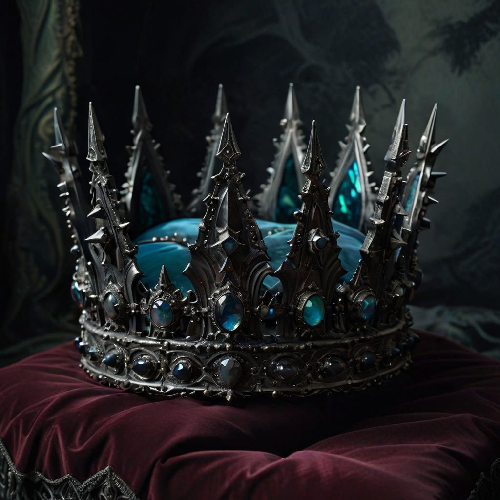 Gothic Dark Metal Crown with Opals and Sharp Teeth on Velvet...