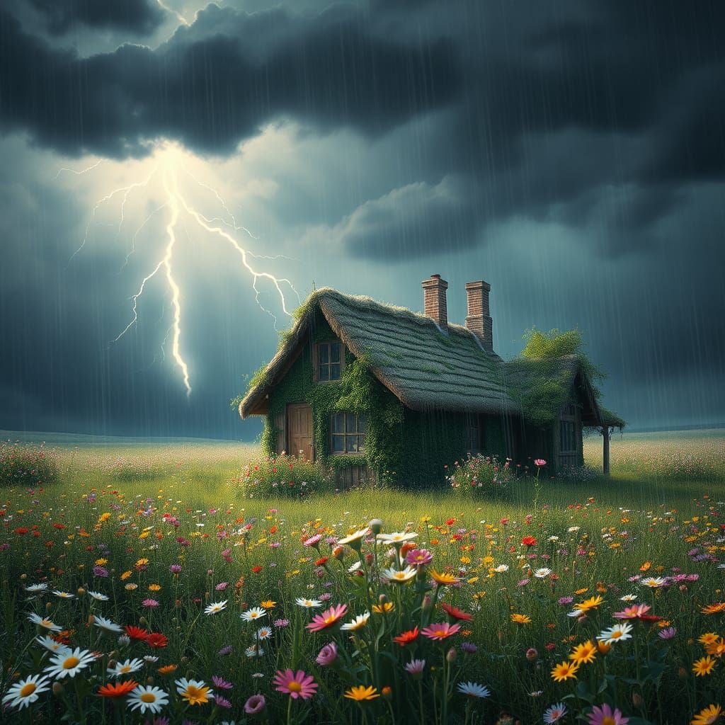 Rainy Cottage in Wildflower Field: Matte Painting Style
