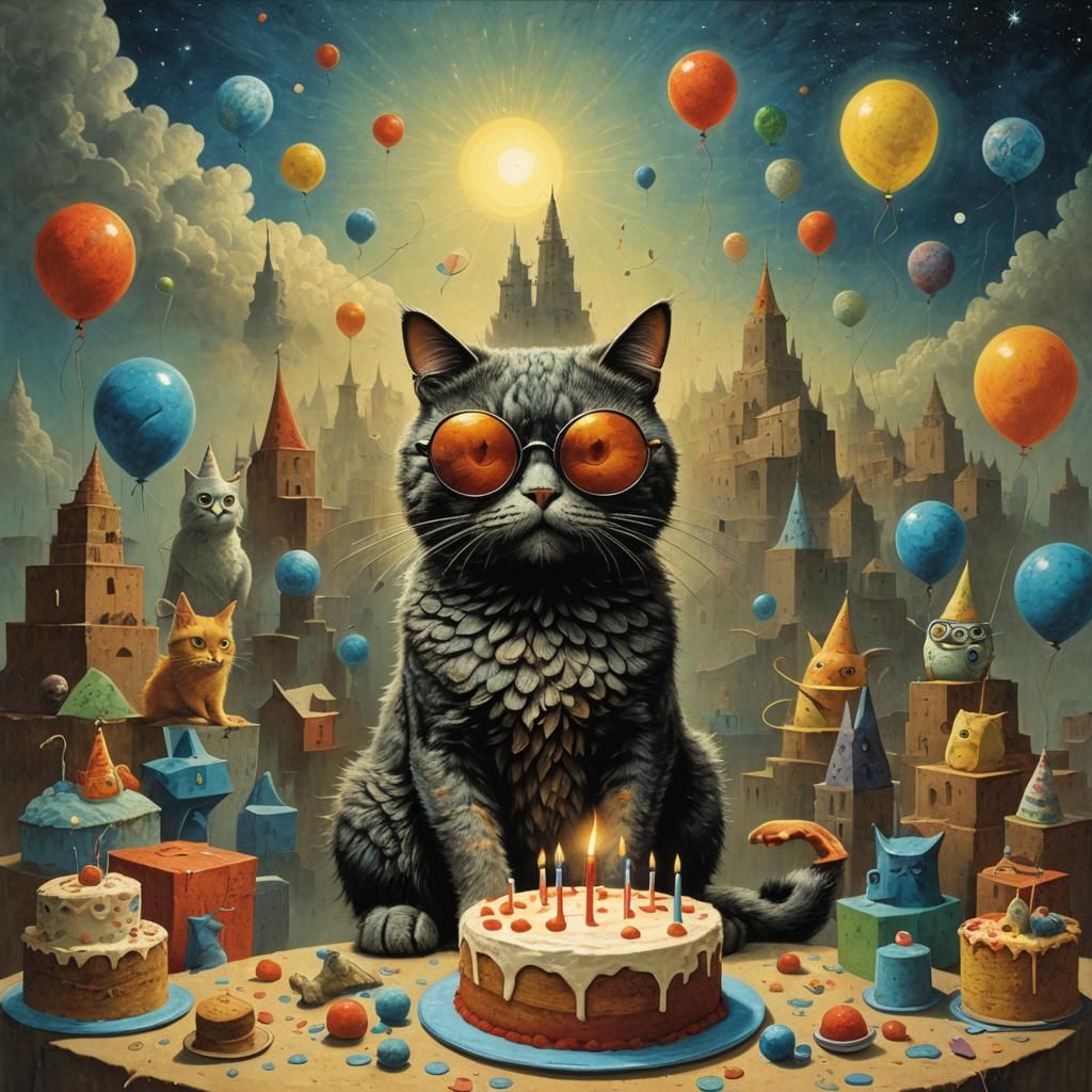 Cat Birthday Cake in Surrealist Style