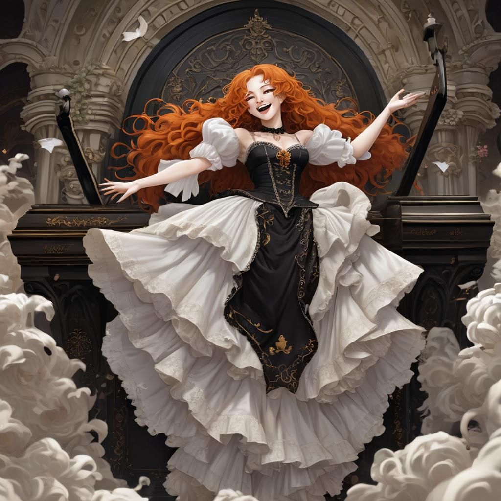 Anime Vampiress Floating Above Coffin in Renaissance Dress