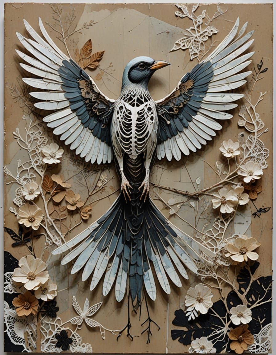 Bird in Mixed Media Masterpiece with Avian Skeleton and Lace