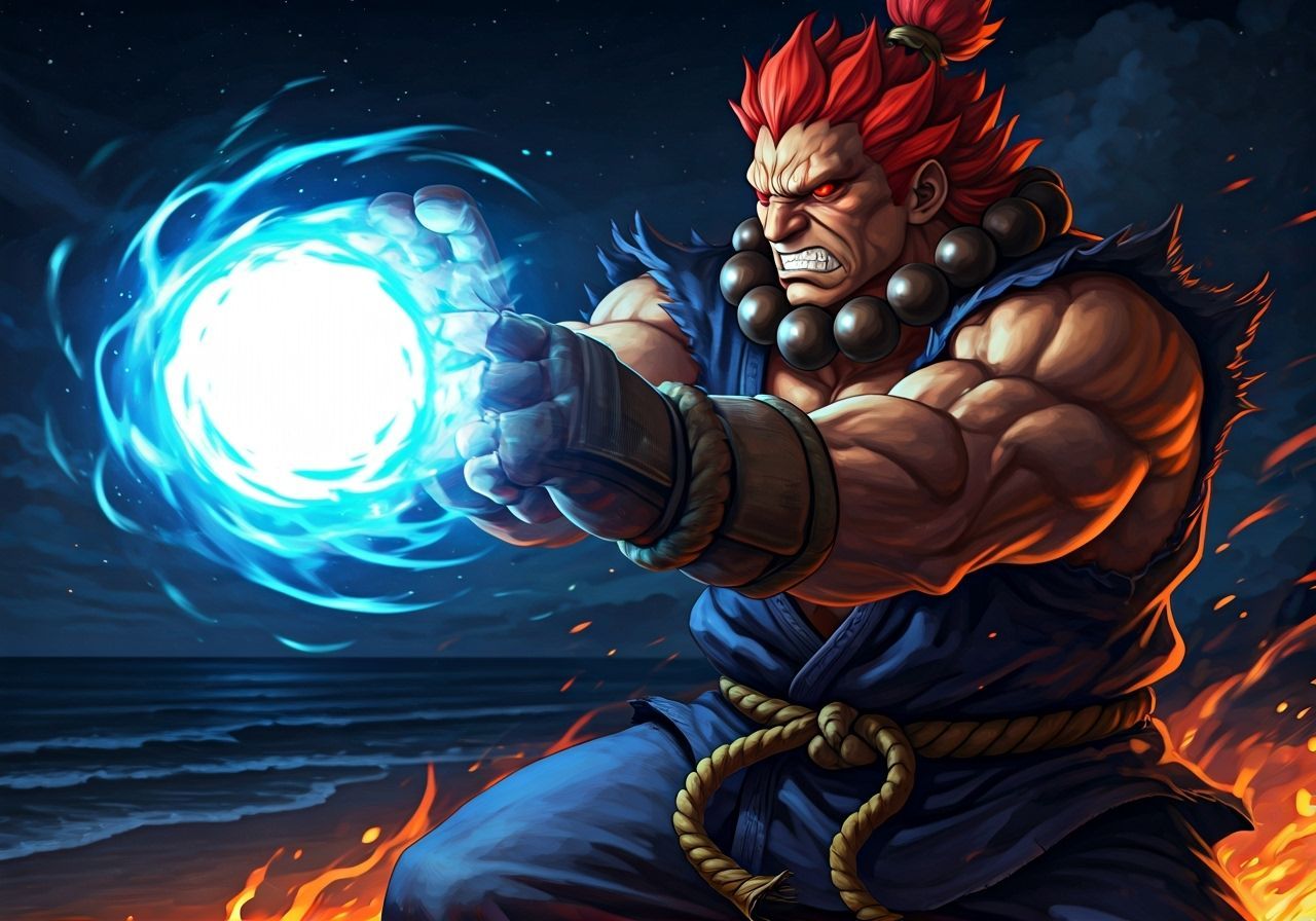 Akuma Unleashing Fiery Hadouken on Night Beach