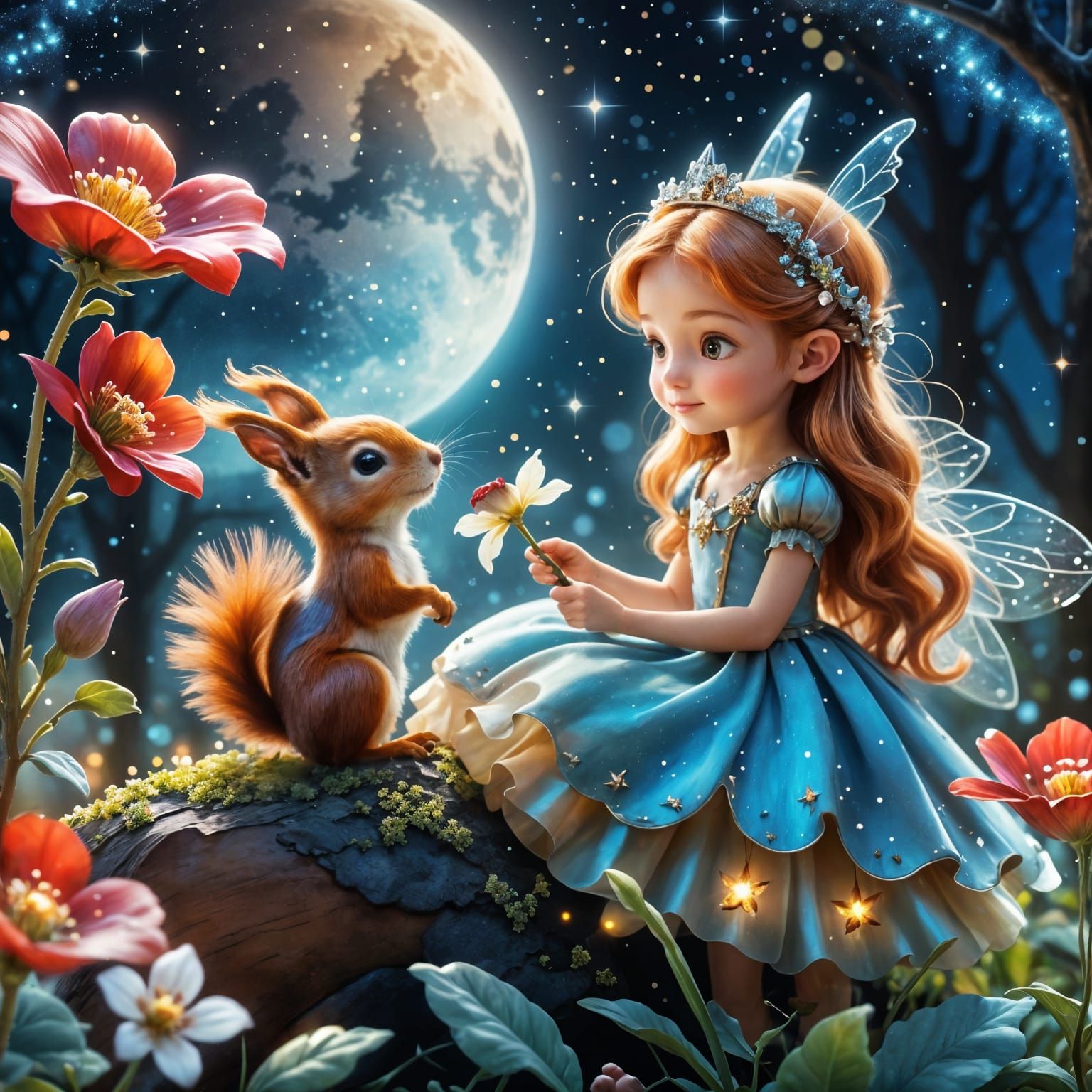 Enchanting Fairy Princess with Squirrel in Starry Night