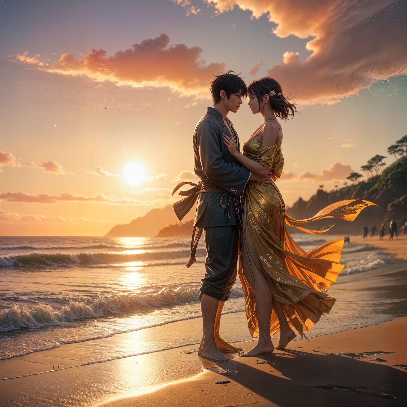 Romantic Golden Hour Beach Scene in Anime Style