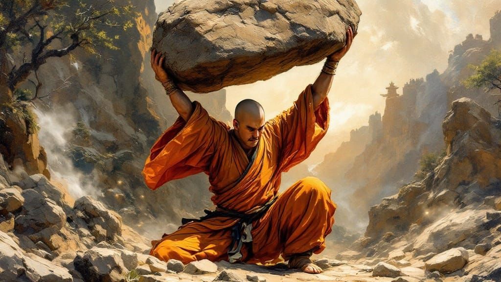 Kung Fu Monk Lifts Boulder as Impressionist Painting