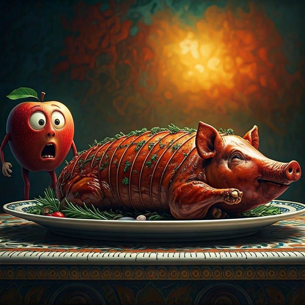 Terrified Apple Gazes at Roast Pig in Ornate Still Life