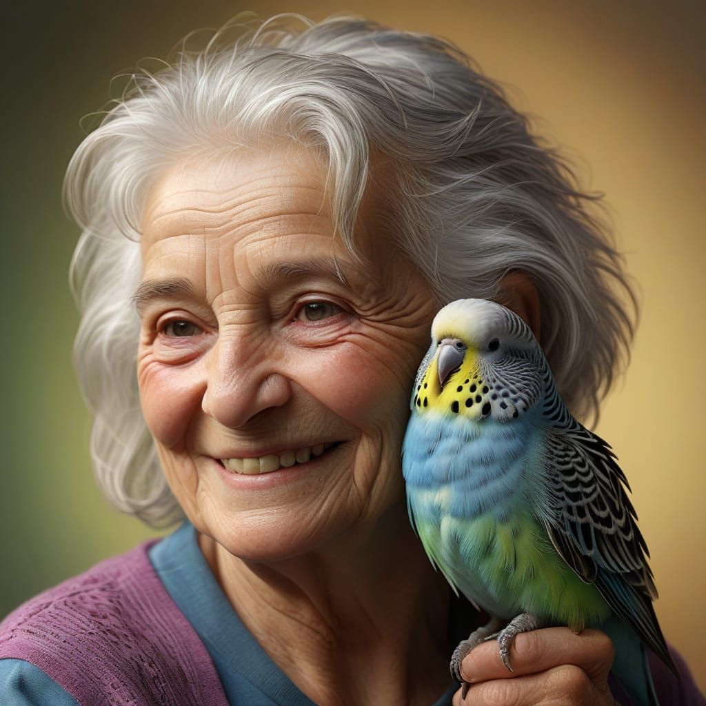 Elderly Woman with Budgie in Soft Warm Light