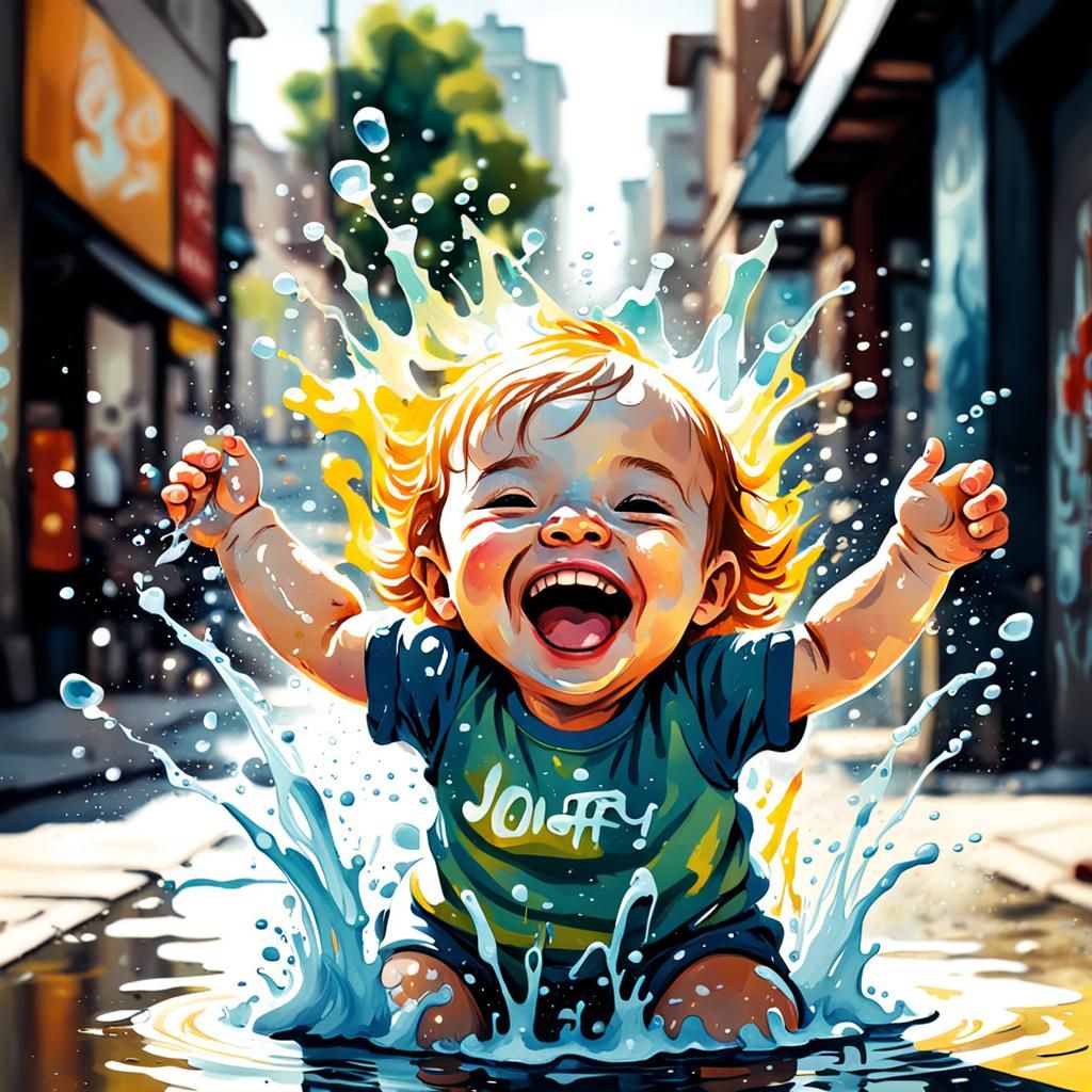 Joyful Infant Splashing: Watercolor Clip Art Image