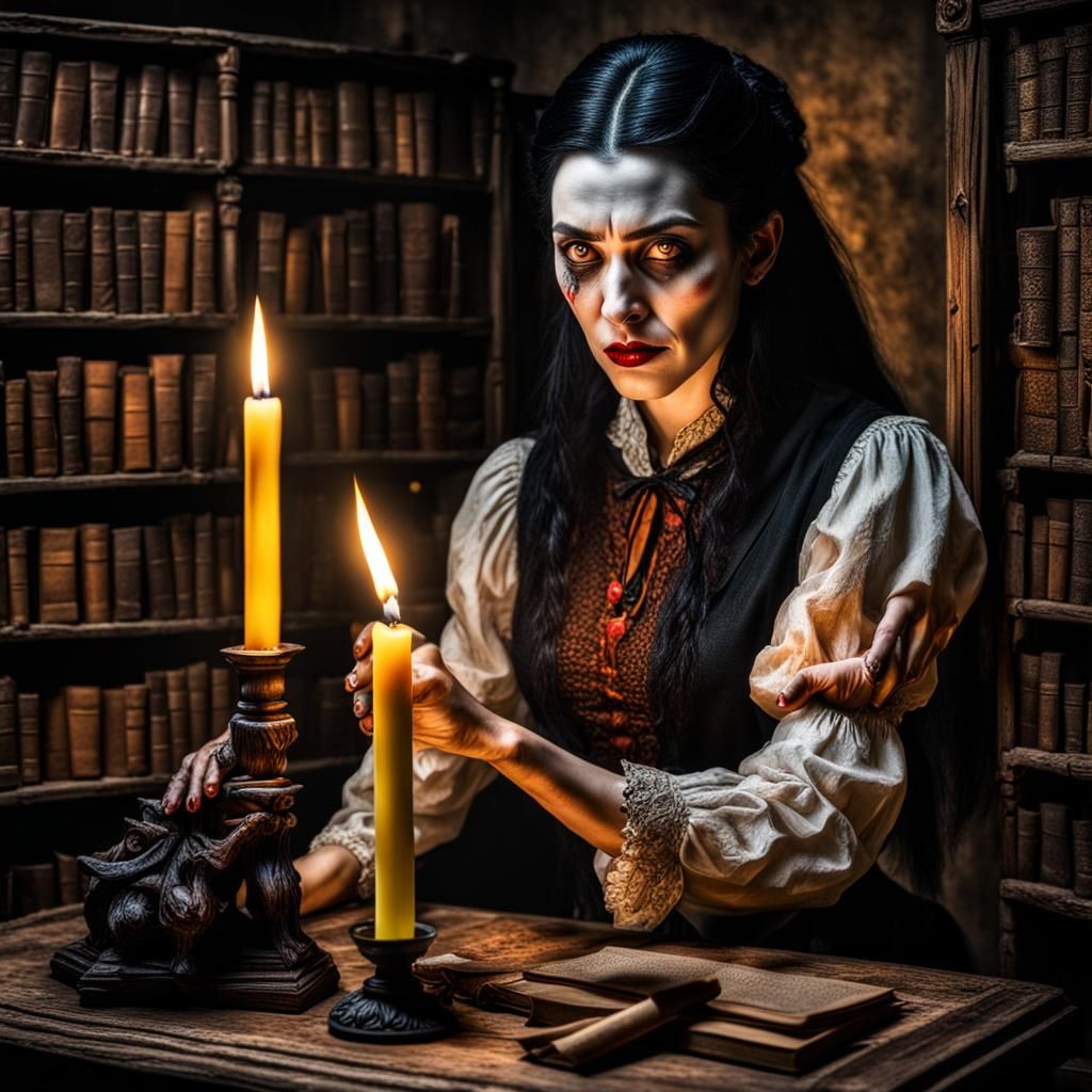 Hyperrealistic Vampire Carving Stake in Candlelight