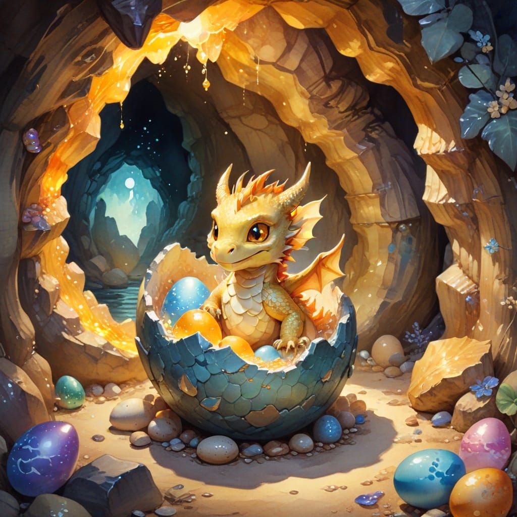 Chibbi Dragon Emerging From Egg in Treasure Cave