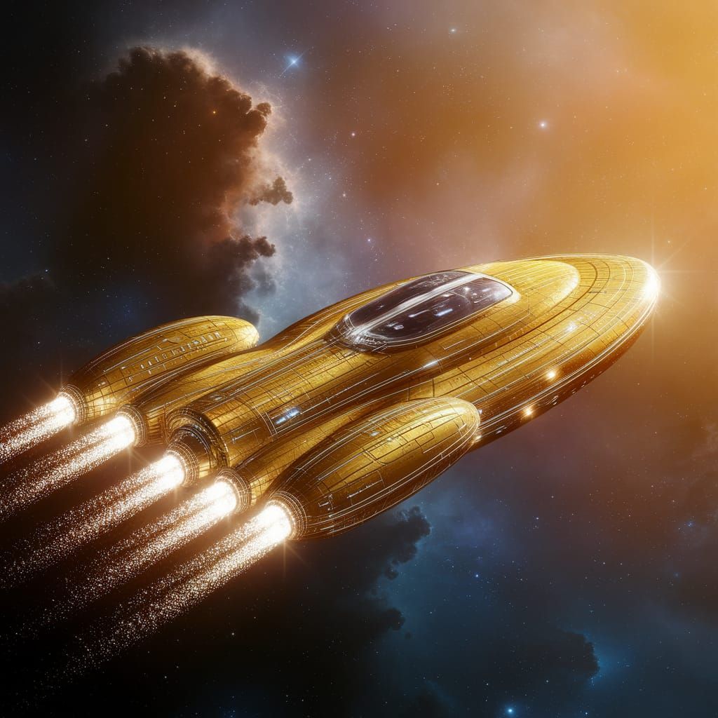 Golden Spaceship Radiates in Swirling Nebulae