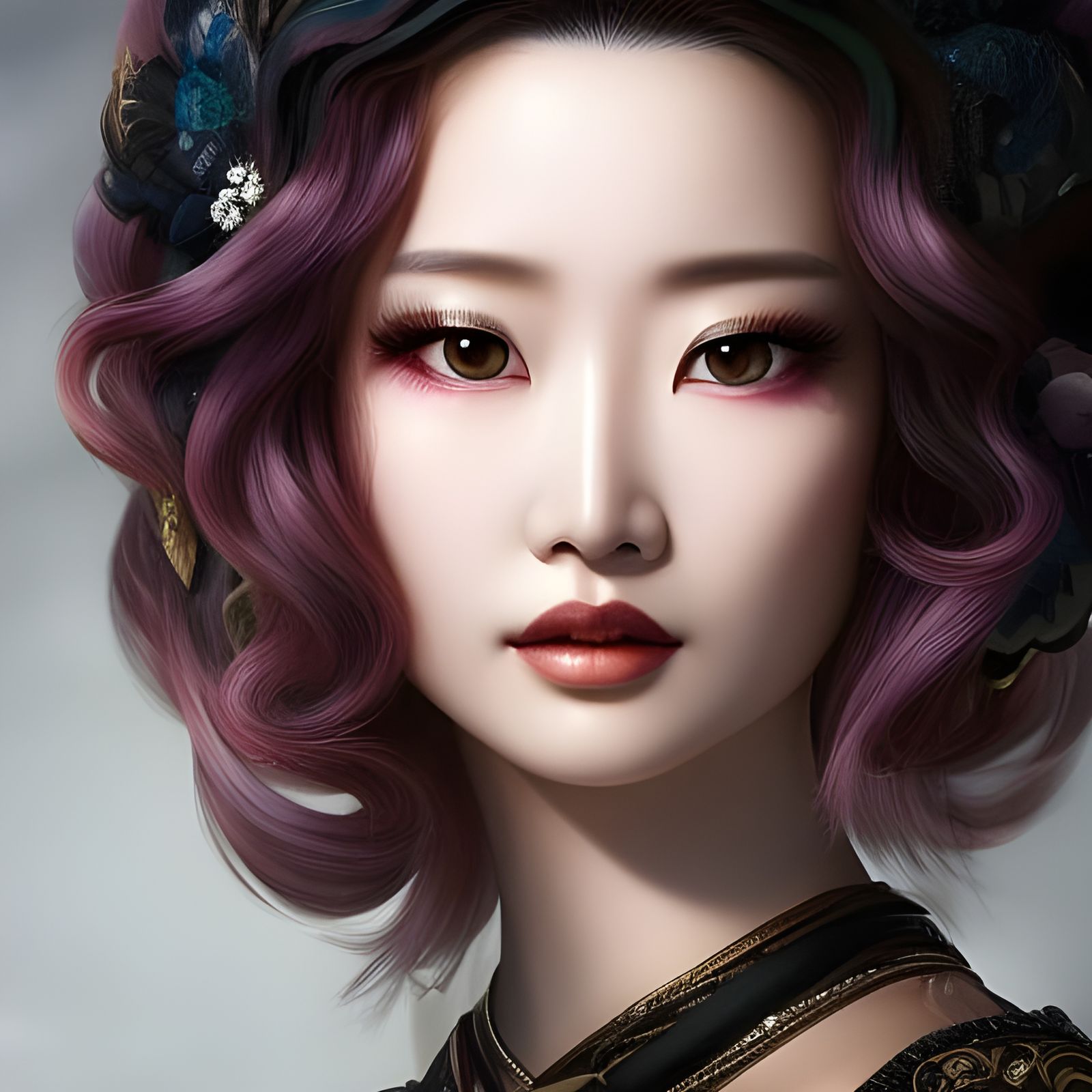 Noir Painting of Ainu Woman with Pink Hair