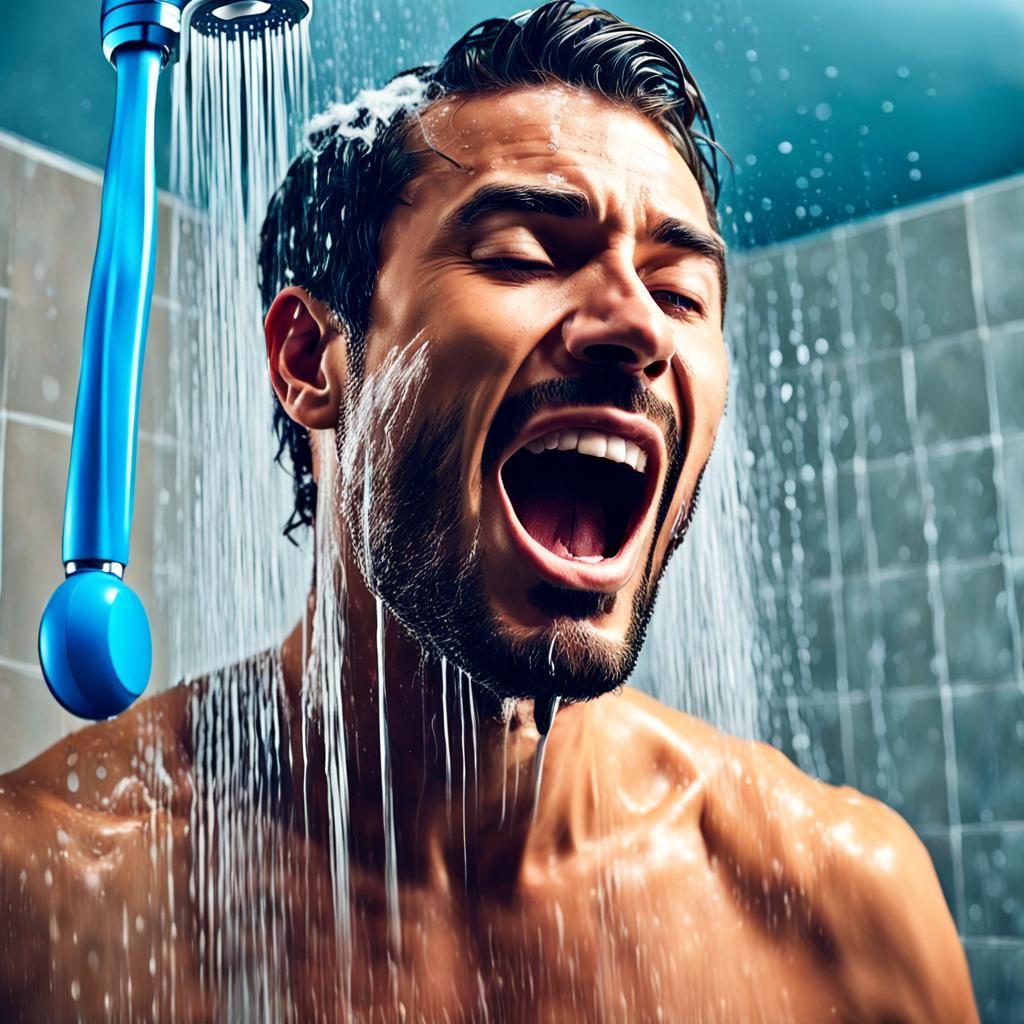 Man Singing in Shower with Speaker, Matte Painting