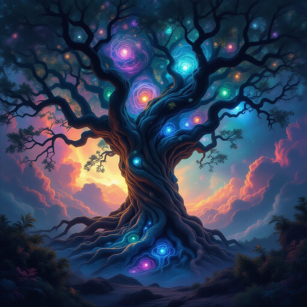 Cosmic Tree Amidst Swirling Nebula and Galaxies