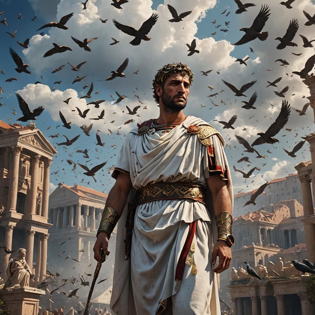 Roman Figure in Toga with Birds: Detailed Matte Painting