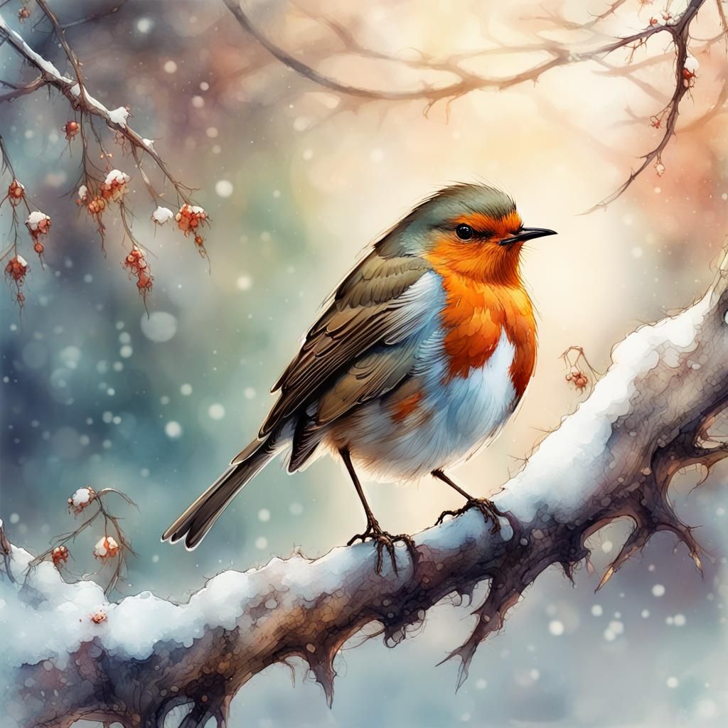 Robin in Snow: Digital Fantasy Watercolor Illustration