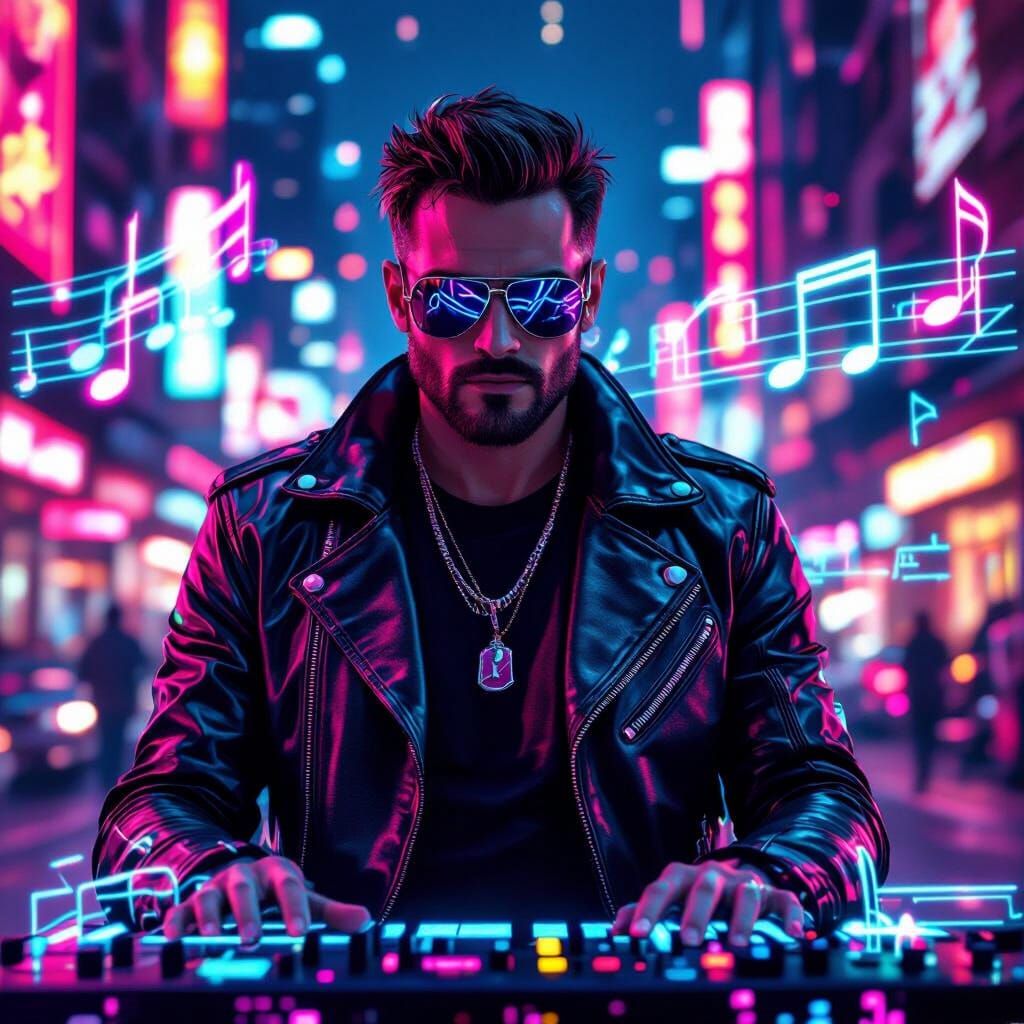 Cyberpunk Musician in Neon Cityscape