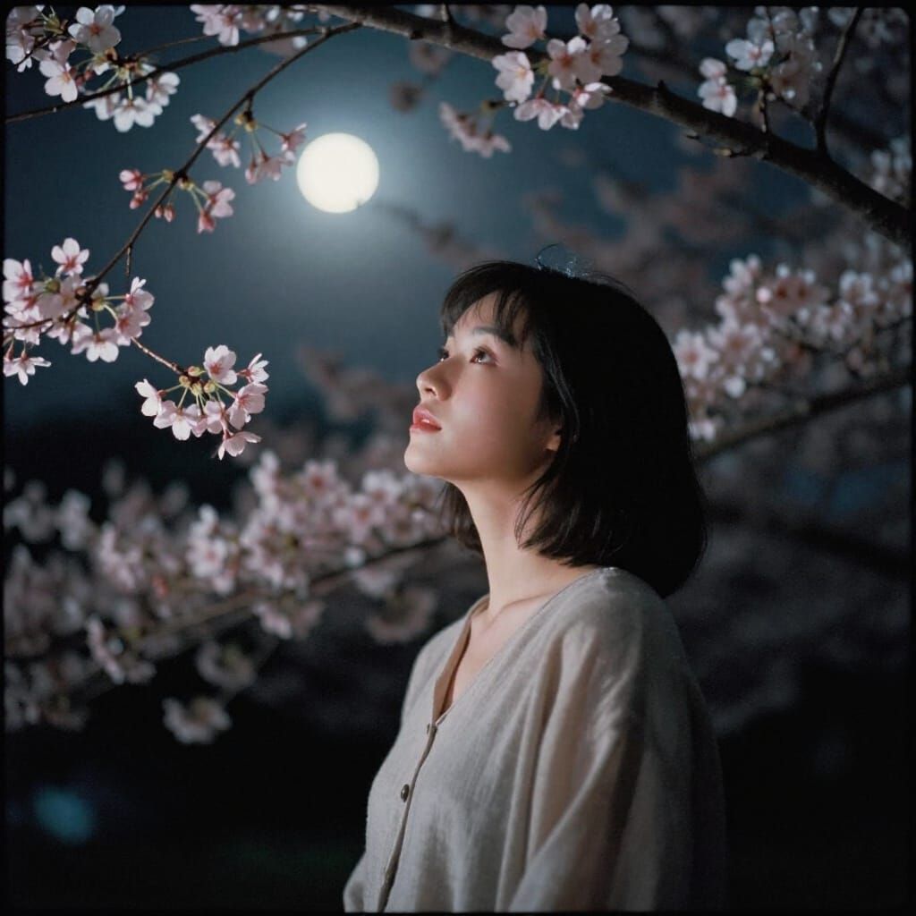 Ethereal Moonlight Sakura Blossoms Cinematic Scene