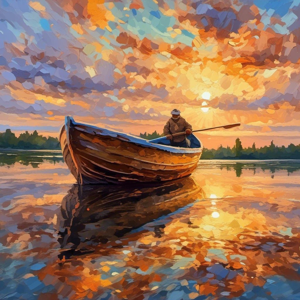 Lake Sunset Boat in Impressionist Gouache Style