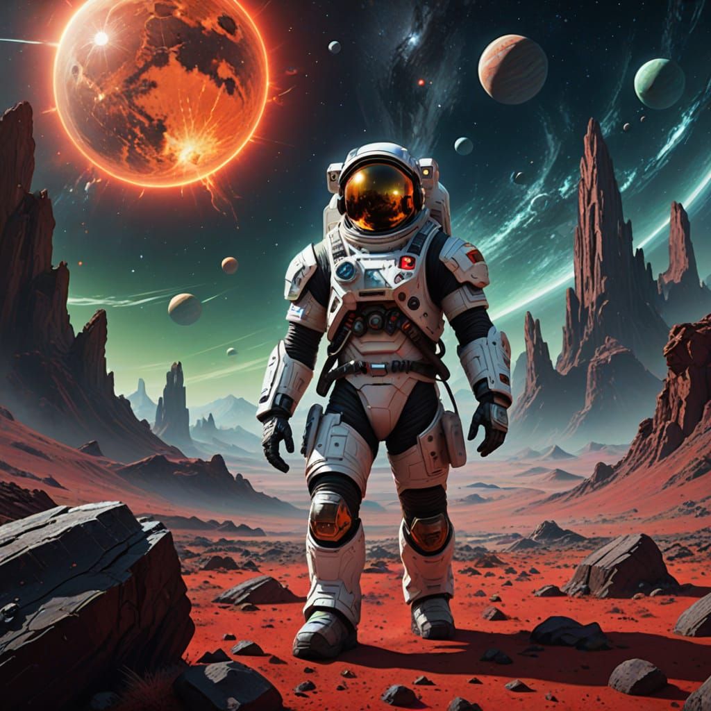 Astronaut in Medieval Coat on Alien Planet